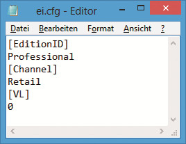 Datei „ei.cfg“: Diese sechs Zeilen ermöglichen ein Upgrade auf Windows 8 Pro