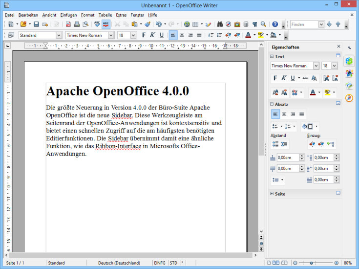 Die neue Sidebar am Seitenrand der OpenOffice-Anwendungen bietet einen schnellen Zugriff auf häufig benötigte Editierfunktionen.