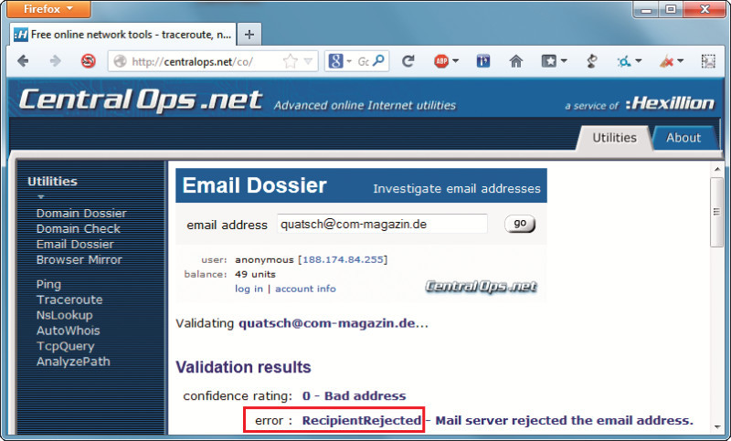Adress-Check: Die Webseite www.centralops.net zeigt Ihnen, ob eine E-Mail-Adresse existiert. Bei quatsch@com-magazin.de ist dies nicht der Fall