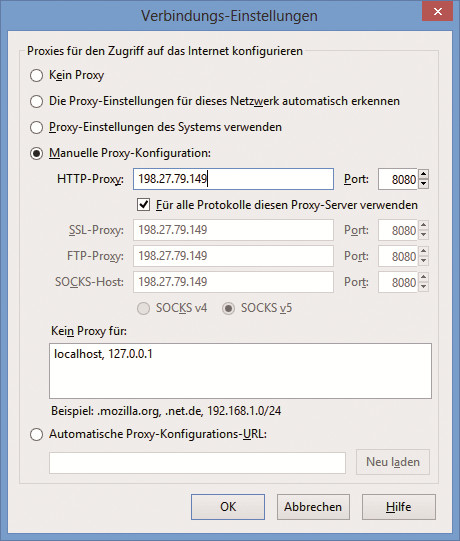 Firefox II: Wählen Sie „Manuelle Proxy-Konfiguration“ und geben Sie dann die IP-Adresse und den Port ein.