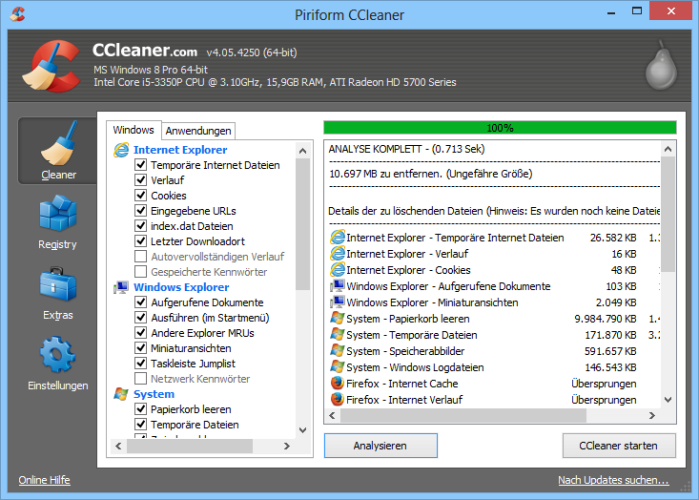 Ccleaner Portable löscht überflüssige Dateien auf Ihrer Festplatte, vernichtet Surfspuren im Browser und säubert die Registrierungsdatenbank Ihrer Windows-Installation.