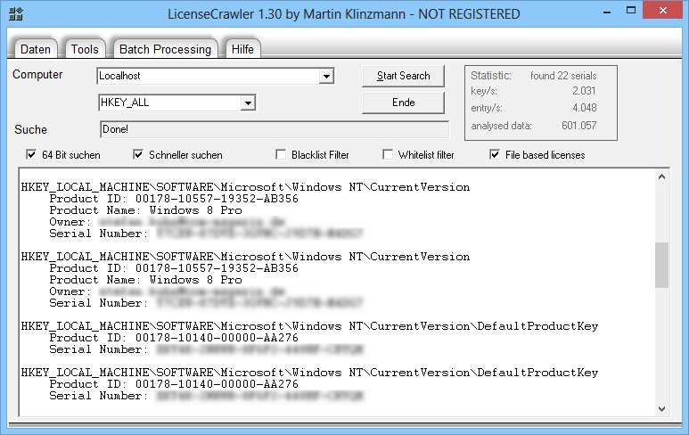 LicenseCrawler durchsucht Ihren Windows-PC nach den Seriennummern und Lizenzschlüsseln Ihrer gekauften Software und speichert diese in einer Textdatei.