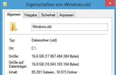 Der Ordner „Windows.old“: Hier speichert Windows 8 vorsichtshalber Umfangreicher Artikel zu Reset und Refresh viele Dateien, die beim Refresh gelöscht wurden