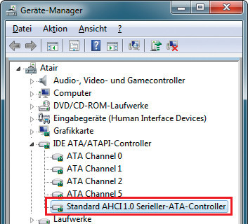 Geräte-Manager: Dieser Eintrag zeigt, dass AHCI aktiviert ist. SSDs sind damit schneller als im IDE-Modus