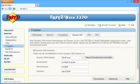 DynDNS konfigurieren: In der Router-Konfiguration — hier bei einer Fritzbox — geben Sie die Zugangsdaten und die Update-Adresse an, die Sie vom DynDNS-Anbieter bekommen