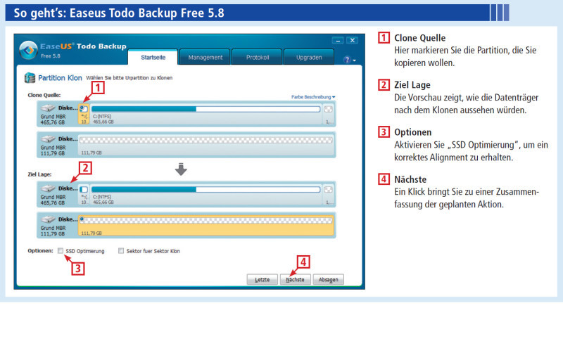 Easeus Todo Backup Free: Das Programm kopiert Partitionen von einer Festplatte zur anderen. Wenn das Ziel eine SSD ist, sorgt es für eine korrekte Ausrichtung der Sektoren