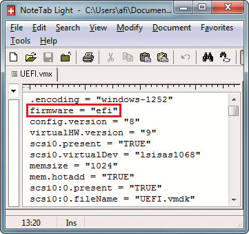 UEFI aktivieren: Ergänzen Sie die Konfigurationsdatei Ihres virtuellen PCs um den Eintrag firmware = "efi".