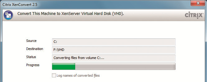 Xen Convert 2.5: Hier konvertiert das Programm die Partition „C:“ in eine VHD-Datei. Die VHD-Datei wird auf der externen Festplatte „F:“ gespeichert.