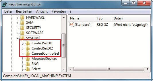 Letzte funktionierende Konfiguration: In den Schlüsseln „ControlSet(...)“ sind die letzten funktionierenden Systemkonfigurationen gespeichert