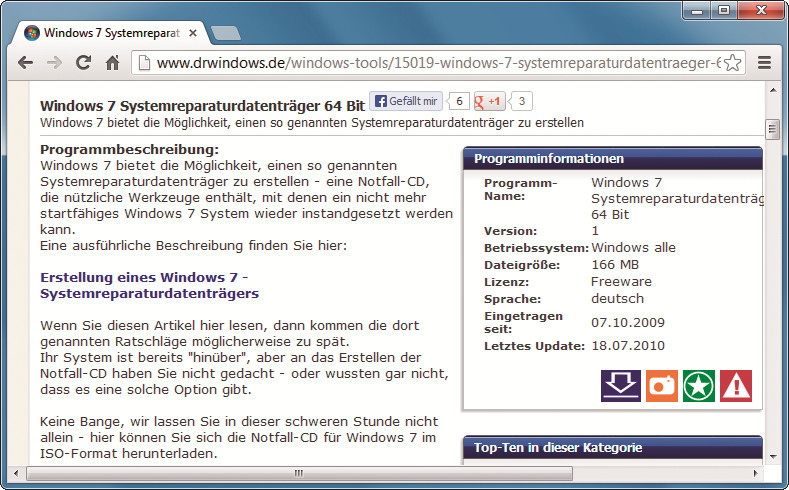 Rettungsdatenträger als ISO-Datei: Wenn Sie keinen Brenner besitzen, laden Sie sich unter www.drwindows.de ein ISO-Image des Systemreparaturdatenträgers herunter
