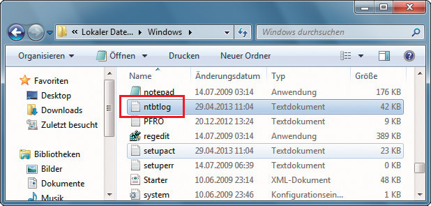 Startprotokoll: Das Protokoll über den Systemstart speichert Windows unter der Bezeichnung „Ntbtlog.txt“ im Verzeichnis „C:\Windows“