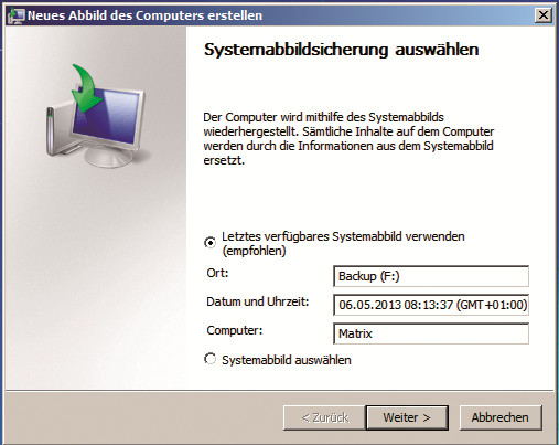 Systemabbild wiederherstellen: Der Assistent findet das Systemabbild auf der USB-Festplatte automatisch