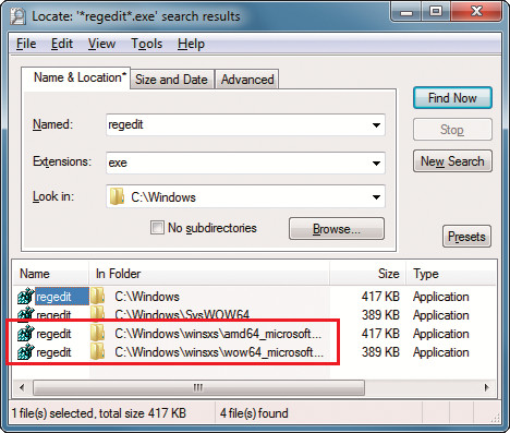 Systemdateien: Im Ordner „C:\Windows\winsxs“ bewahrt Windows 7 die Original-Systemdateien auf – hier des Registrierungs-Editors Regedit