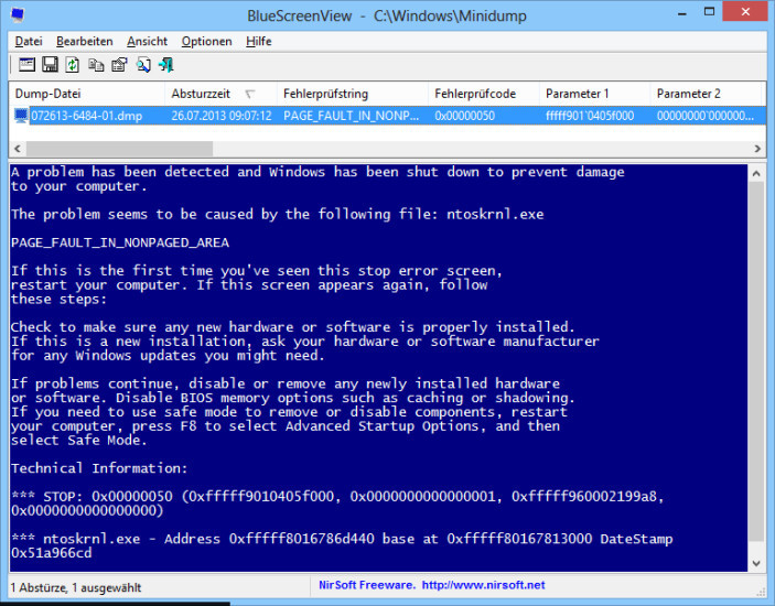 Bluescreen View wertet die Informationen des berüchtigten „Blue Screen of Death“ in Windows 7 aus.