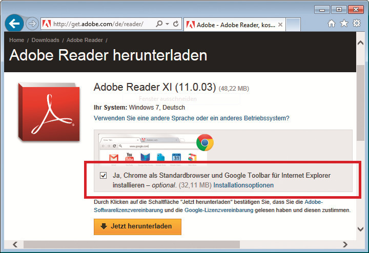 Adobe Reader: Google Chrome und die Google-Toolbar sind beim Download des Installers für Adobes PDF-Tool voreingestellt.