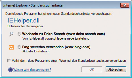 Suchanbieterwechsel: Sobald eine Toolbar die Standardsuchmaschine ändern möchte, informiert der Internet Explorer den Anwender darüber.