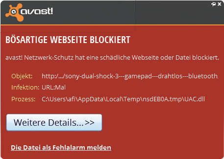 Bösartige Webseite blockiert: Gelegentlich leitet ein Reklame-Add-on auch auf Seiten weiter, die etwa Avast als gefährlich einstuft.