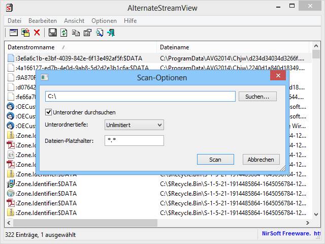 AlternateStreamView zeigt alternative Datenströme, in denen Windows zusätzlich zum eigentlichen Inhalt einer Datei weitere Daten speichert.
