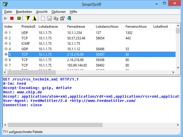 SmartSniff erfasst alle Datenpakete, die über einen Netzwerkadapter Ihres PCs verschickt werden.
