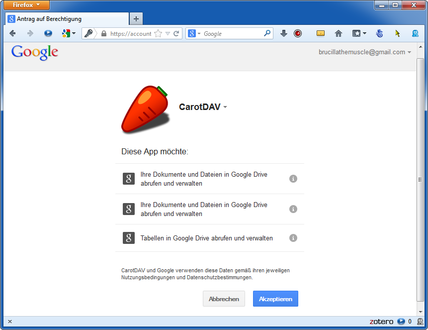 Ein Klick im Programm und das Akzeptieren der Anfrage im Browser genügen, um Ihren Speicher bei Google Drive in CarotDAV einzubinden.