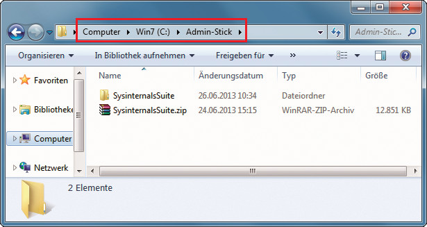 Sysinternals Suite: Extrahieren Sie das ZIP-Archiv mit den 69 Spezial-Tools in das neue Verzeichnis Admin-Stick auf der Festplatte