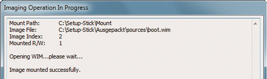 Boot.wim mounten: G-ImageX bindet die Datei „boot.wim“ im Ordner „C:\Setup-Stick\Mount“ ein. Sie enthält Dateien, die das Windows-Setup zum Booten braucht.