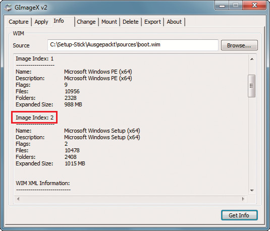 Image Index: Die „boot.wim“ enthält zwei Images. Das erste wird für den Rettungsdatenträger benötigt, das zweite für die Installation von Windows 7.