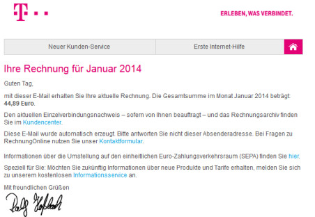 Die Deutsche Telekom warnt vor einer aktuellen Phishing-Welle mit gefälschten Rechnungen. Ein Link in der Mail führt zum Download eines Trojaners.