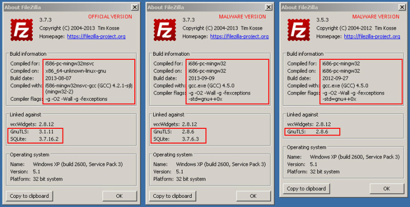 Gefälschter FileZilla: An diesen Merkmalen unterscheiden Sie die gefälschten Filezilla-Versionen („MALWARE VERSION“) von der offiziellen Version („OFFICIAL VERSION“).