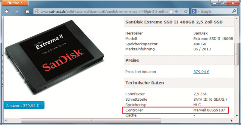 Kontroller bestimmen: Auf www.ssd-test.de finden Sie im Datenblatt einer SSD auch den Kontroller