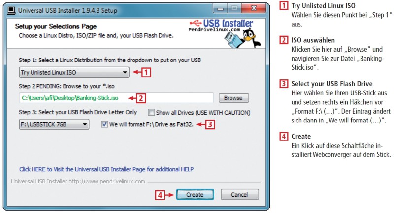 Webconverger auf dem USB-Stick installieren: In drei Schritten konfigurieren Sie Universal USB Installer und installieren dann damit Webconverger auf Ihrem USB-Stick.