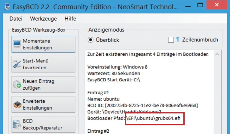 EFI-Bootloader: Der Bootloader eines Betriebssystems wird auf einem UEFI-PC in der EFI-Systempartition im Ordner „EFI“ gespeichert – hier beispielsweise der Bootloader Grub von Ubuntu