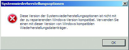 Inkompatible Windows-Version: Diese Meldung erscheint, wenn Sie den Systemreparaturdatenträger nicht im UEFI-Modus gestartet haben