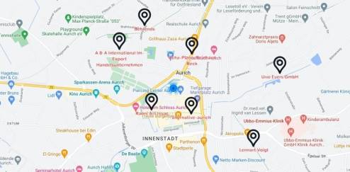 Beispiel: Karte von Aurich in Ostfriesland und der dort gelisteten lokalen Händler. Mit eBay Deine Stadt können Kunden online die Angebote von Auricher Geschäften entdecken.