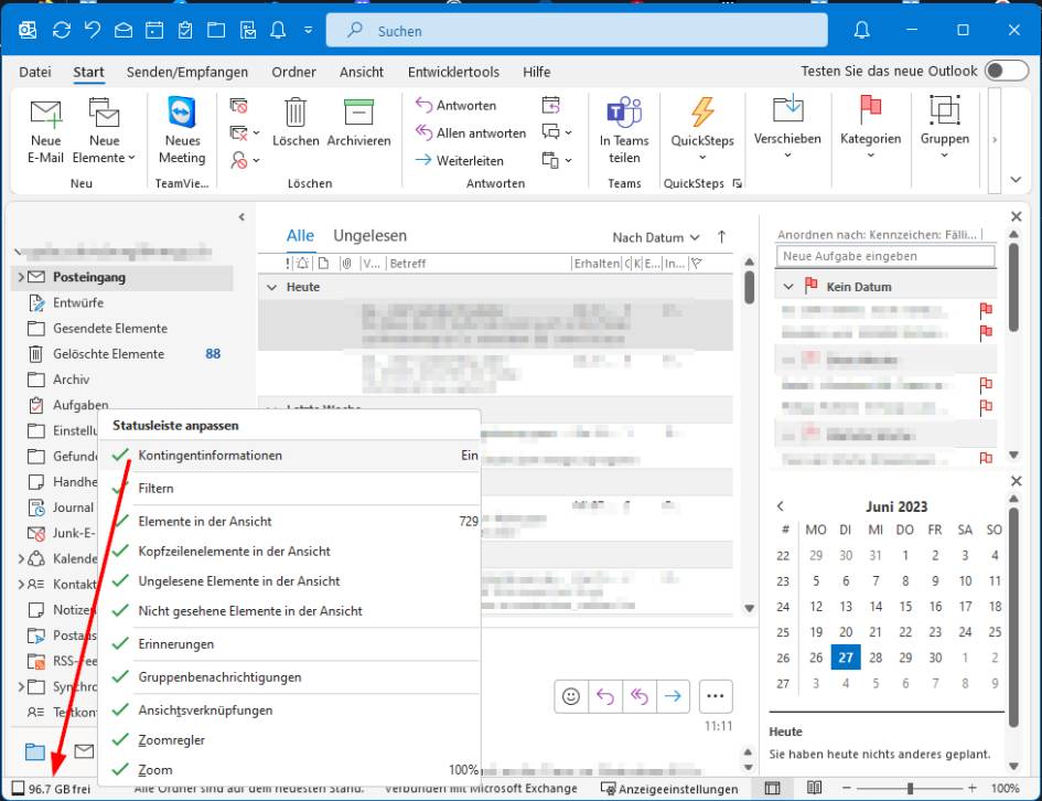 Outlook-Screenshot zeigt Kontextmenü und eingeblendetes Kontingentfeld