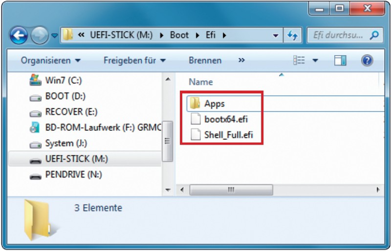 UEFI-Boot-Stick erstellen: Kopieren Sie die Dateien und Ordner auf den USB-Stick in das Verzeichnis „Boot\Efi“ und benennen Sie die Datei „shell.efi“ um in bootx64.efi