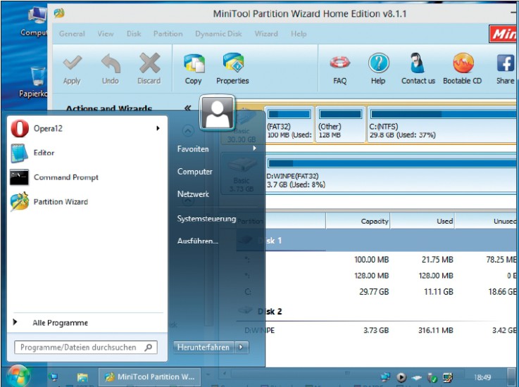 Windows to go in Aktion: Der Live-Stick sieht so aus wie Windows 7 und enthält die wichtigsten Programme – etwa den Partitionierer Partition Wizard.
