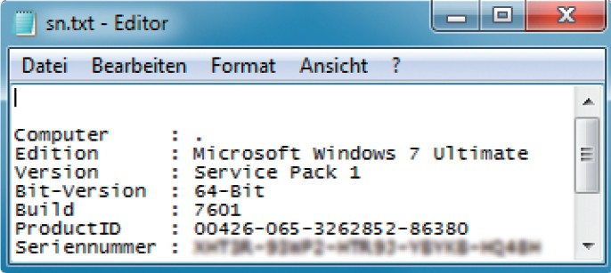 Seriennummer für die spätere Verwendung: Die Angaben zur Seriennummer und zu Windows können Sie auch in eine Textdatei umleiten.