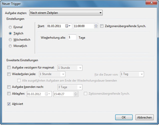 Schattenkopien nach Zeitplan: In diesem Dialogfenster der Windows-Aufgabenplanung legen Sie fest, wie oft Windows Schattenkopien von Dateien anlegt (Bild 4).
