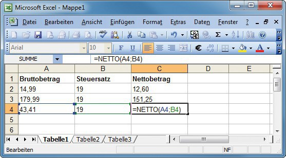 Netto berechnen: Der Befehl „=NETTO(A4;B4)“ rechnet 19 Prozent MwSt. aus 43,41 heraus.