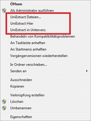 Kontextmenü im Windows-Explorer: Universal Extractor integriert sich automatisch in das Rechtsklickmenü der Archive (Bild 1).