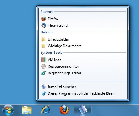 Jumplist Launcher: Das neue Symbol in der Taskleiste lässt sich mit einer individuell konfigurierten Sprungliste ausstatten (Bild 7).