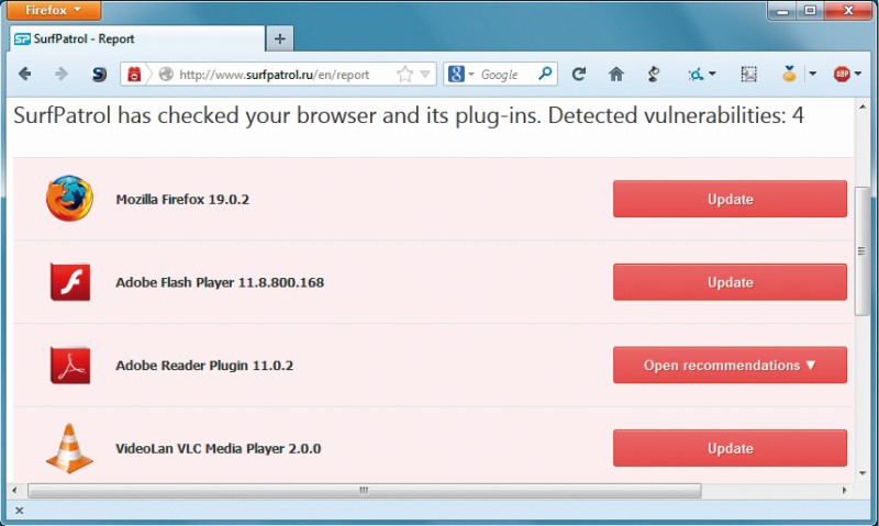 Browser-Check: Ein Besuch auf der Surfpatrol-Webseite zeigt, ob Browser oder installierte Plug-ins veraltet sind.