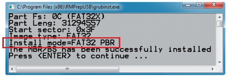 Grub4Dos im Partition Boot Record installieren: Um Boot-Problemen vorzubeugen, sollten Sie Grub4Dos auch im Boot-Sektor der Partition des USB-Sticks installieren.