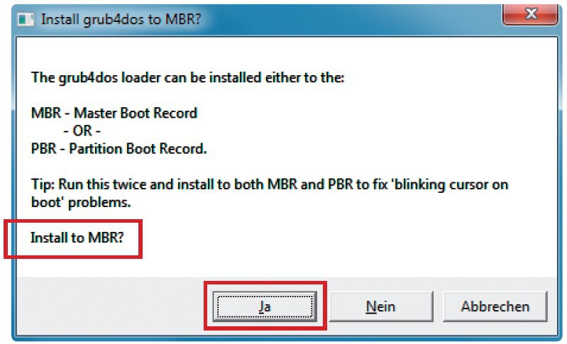 Grub4Dos im MBR installieren: Wenn Sie auf „Installiere GRUB4DOS“ geklickt haben, erscheint diese Meldung. Beantworten Sie die Frage mit „Ja“.