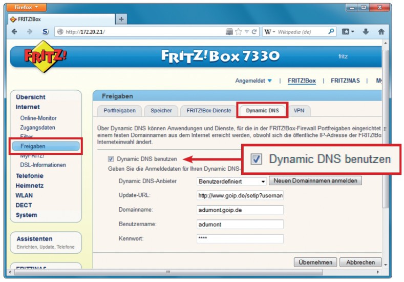 Router konfigurieren: Tragen Sie die Angaben des DynDNS-Dienstes ein, hier am Beispiel der Fritzbox.