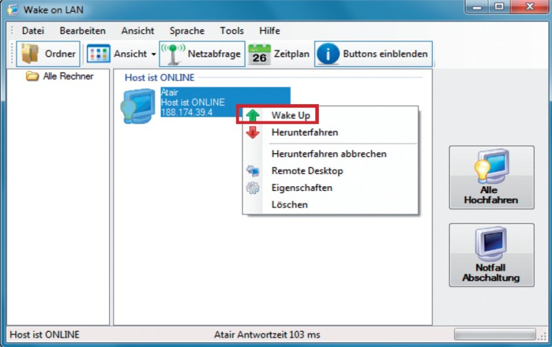 Wake on LAN: Das Windows-Programm startet Rechner übers Heimnetz und übers Internet: Klicken Sie mit der rechten Maustaste auf das Monitorsymbol und wählen Sie im Kontextmenü „Wake Up“.