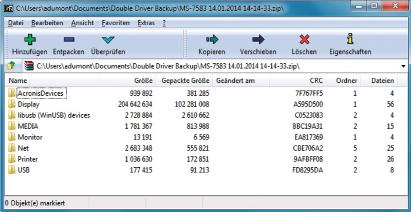 Double Driver: Das Tool sichert alle Treiber nach Kategorien sortiert in einem ZIP-Archiv.