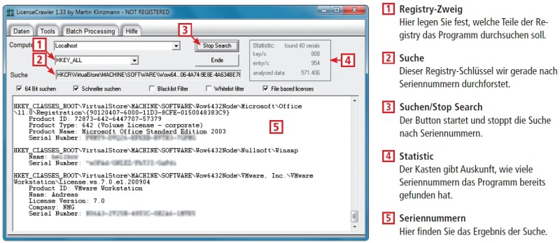 So geht’s: Das portable Programm License Crawler ist darauf spezialisiert, Seriennummern und Produktschlüssel aus der Registry von Windows auszulesen.