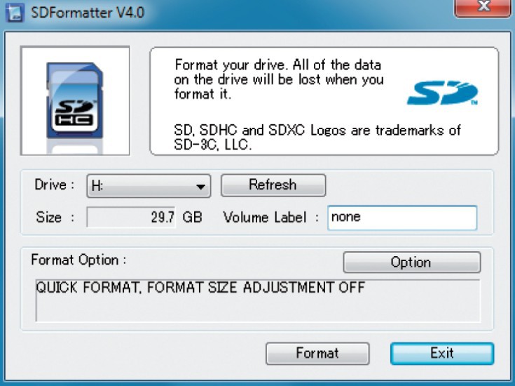 SD Formatter: Formatieren Sie Ihre SD-Karte nicht mit Windows, sondern mit diesem Spezialprogramm. Eine Formatierung mit Windows macht die SD-Karte schlimmstenfalls unbrauchbar.